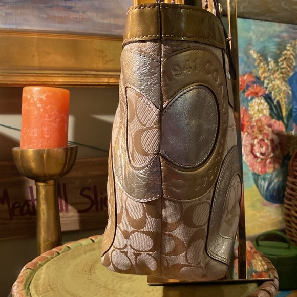 Coach Carly Tote Embossed Gold Multi Metallic Patent Logo Canvas Purse - Picture 5 of 15